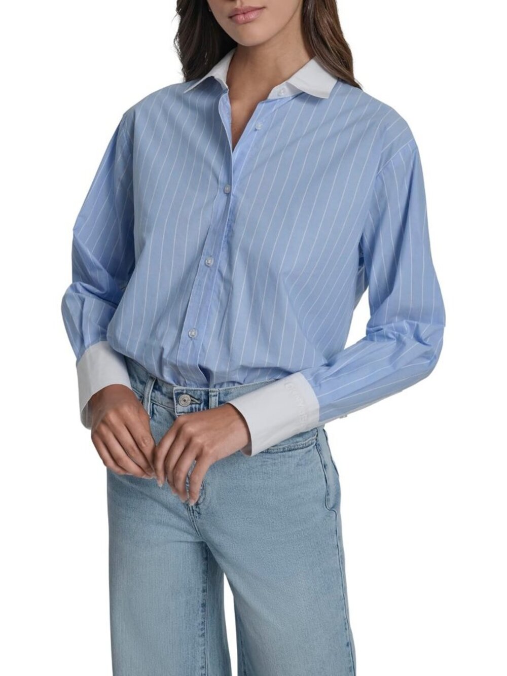 Chic Striped Long Sleeve Button-Up Shirt for Women - Classic Poplin Style